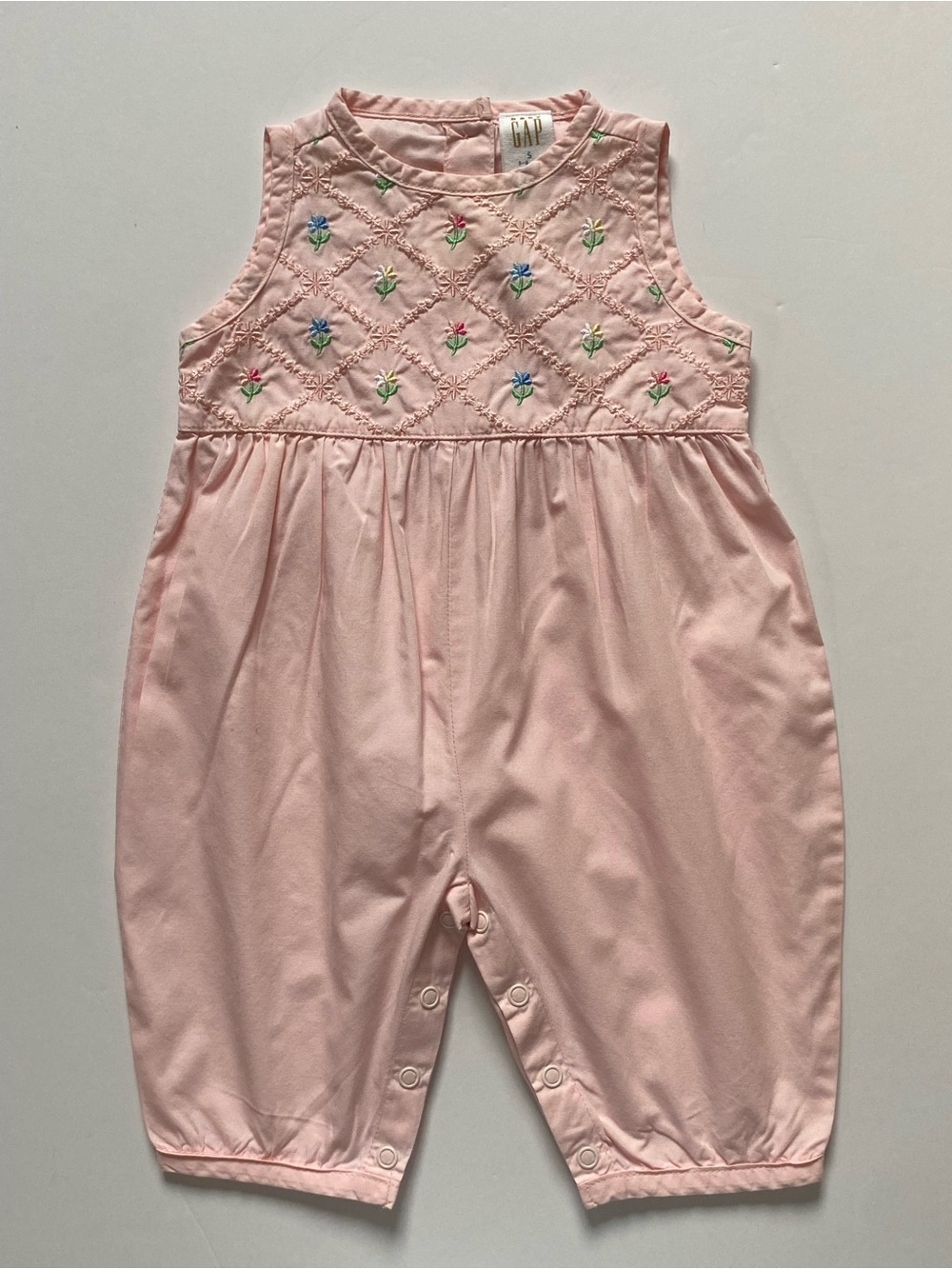 Vintage Baby Gap One Piece Size 3 6 Months Pink Floral Embroidery Smocked Look